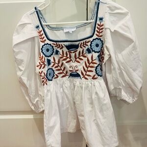 Mi Golondrina White Blouse with Blue and Brown Embroidery